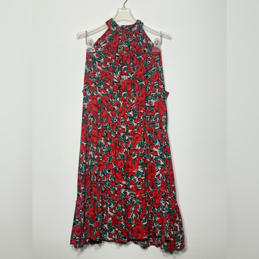 Vintage Whimsical Floral Red & Green Women's Dress Size L Sleeveless Spring